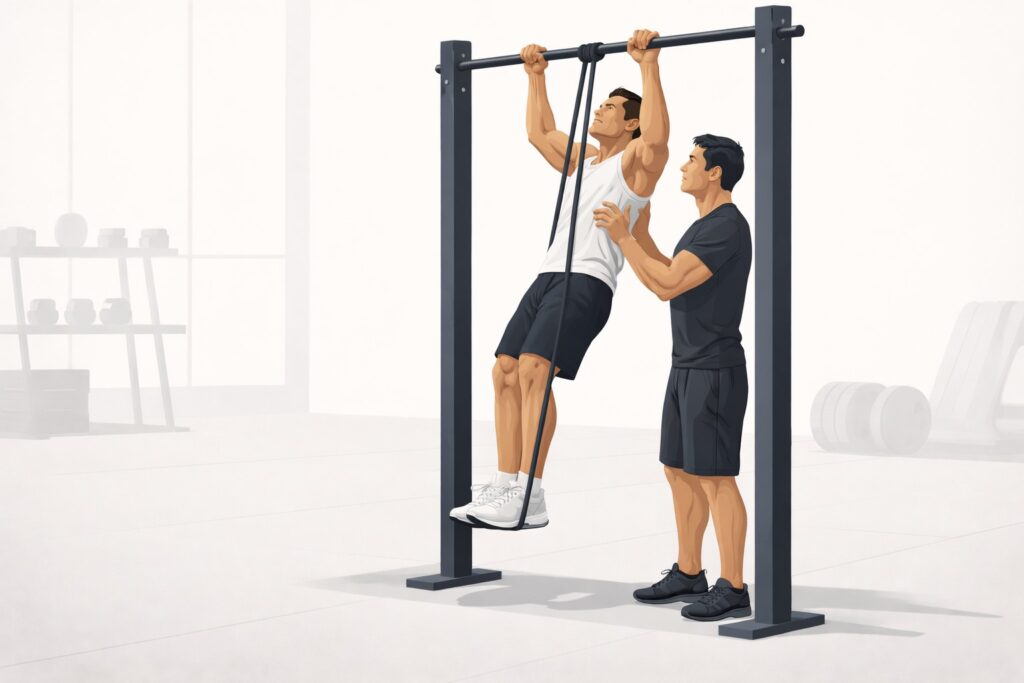 Assisted-pull-up-resistance-band-looped-over-bar