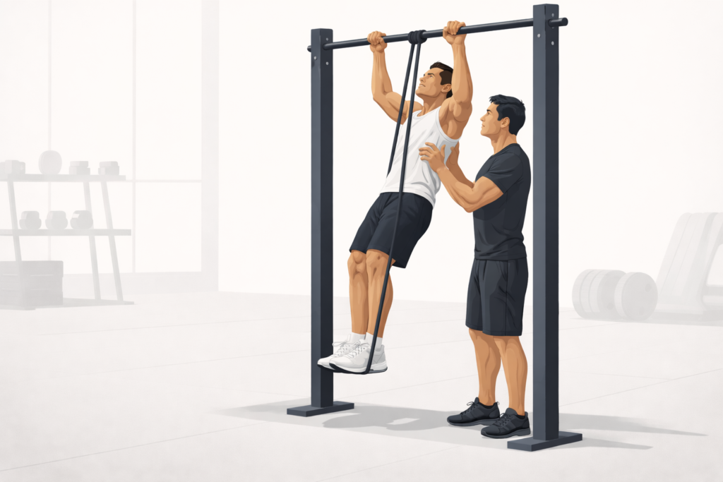 Assisted-pull-up-resistance-band-looped-over-bar