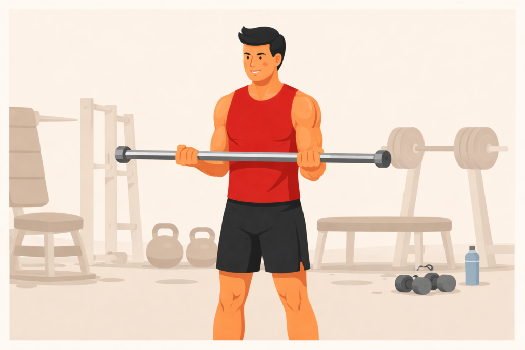 Barbell-curl-without-weight-plates-in-gym