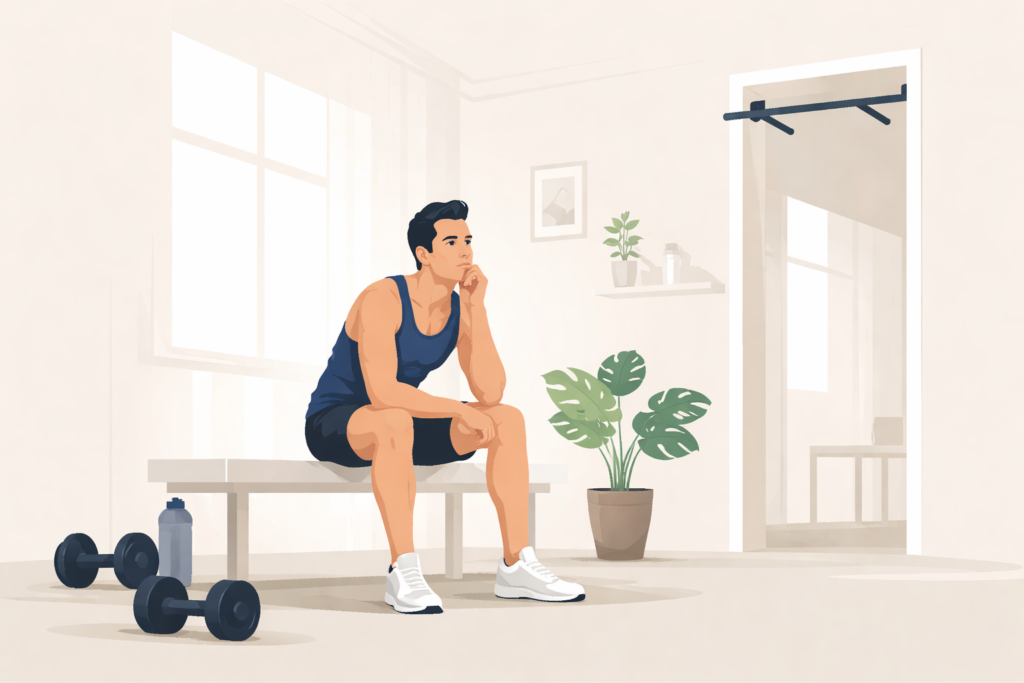 Man-sitting-thinking-about-training-choices-bodyweight-vs-weights