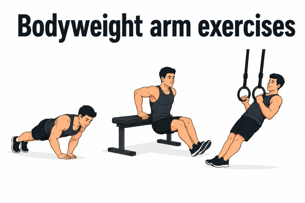 Bodyweight-arm-exercises-close-grip-push-up-bench-dips-ring-curl