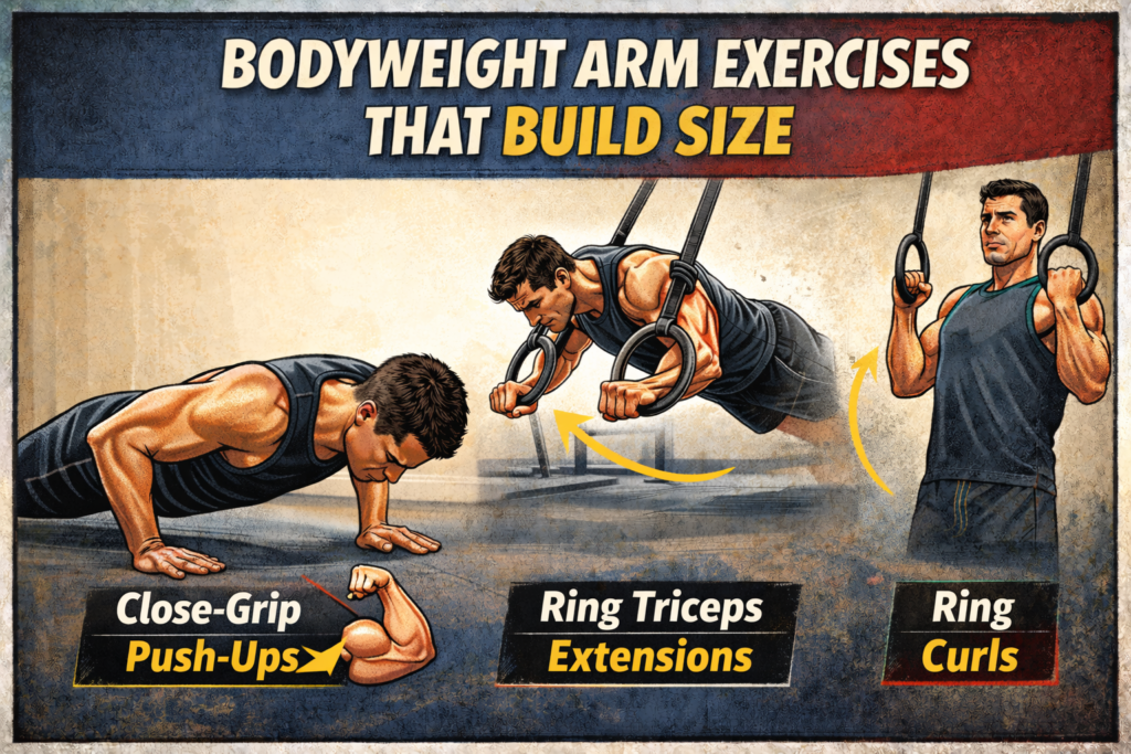 Bodyweight-arm-exercises-close-grip-push-ups-ring-triceps-extensions-ring-curls