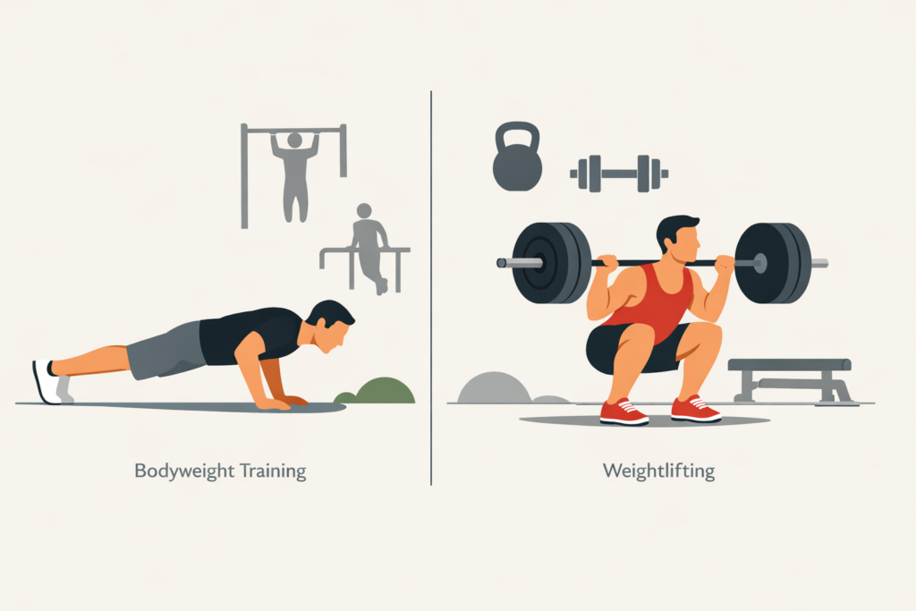 Bodyweight-training-push-up-and-weightlifting-barbell-squat-comparison