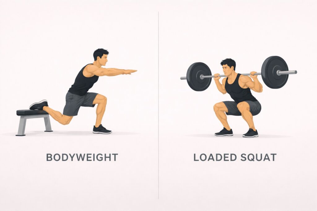 Bodyweight-split-squat-compared-to-loaded-barbell-squat-for-leg-strength