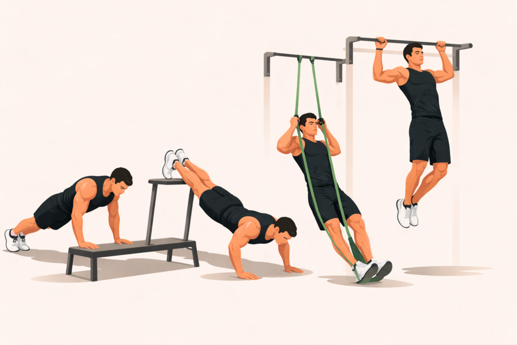 Calisthenics-progression-illustration-showing-leverage-changes-in-push-ups-and-pull-ups