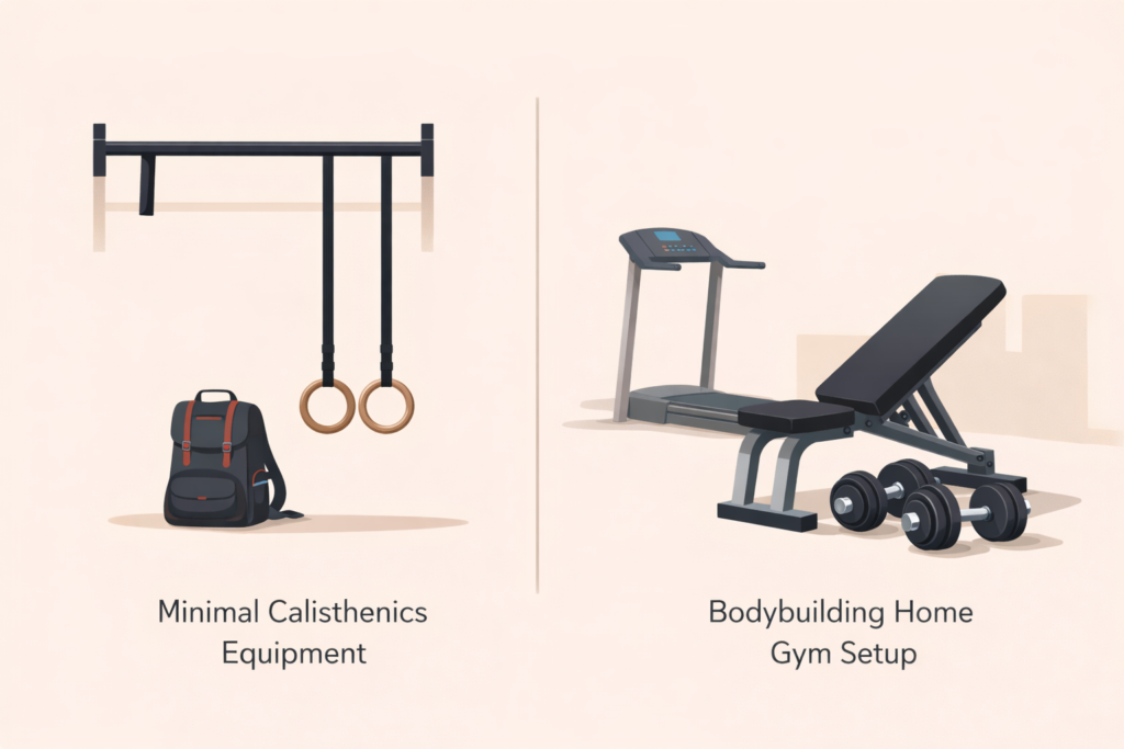 Calisthenics-setup-pull-up-bar-rings-backpack-vs-home-gym-bench-dumbbells