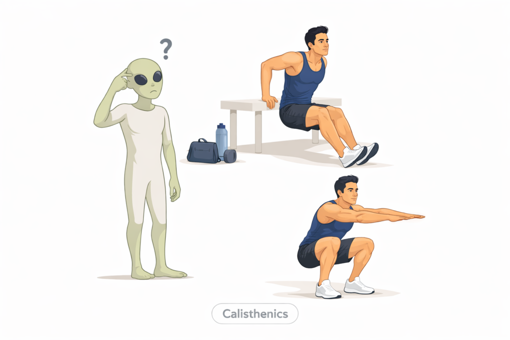 Alien-watching-man-do-pull-ups-and-push-ups-calisthenics-basics