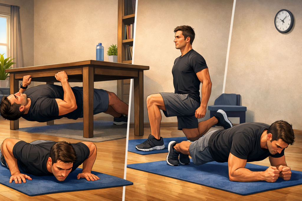 Push-ups-rows-split-squat-plank-home-workout