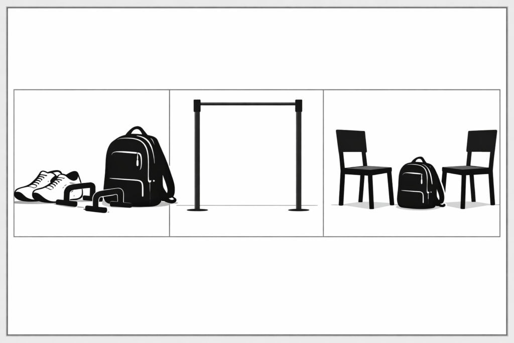 Home-workout-setup-with-pull-up-bar-chairs-backpack-and-push-up-bars