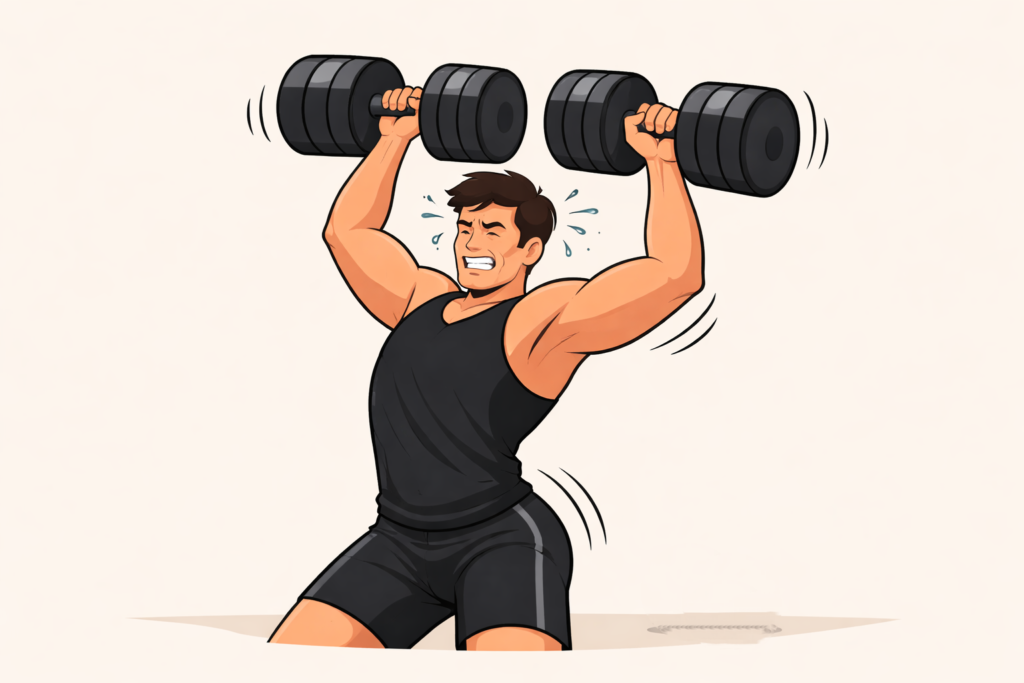 Dumbbell-shoulder-press-with-excessive-back-arch-on-neutral-background