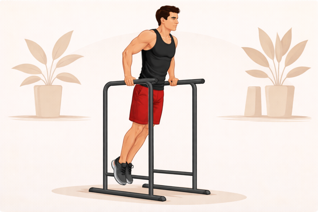 Parallel-bar-dips-upright-torso-elbows-close