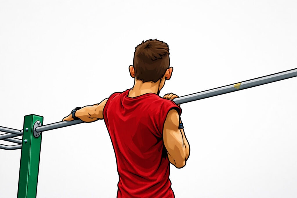 Back-view-performing-archer-pull-up-on-bar