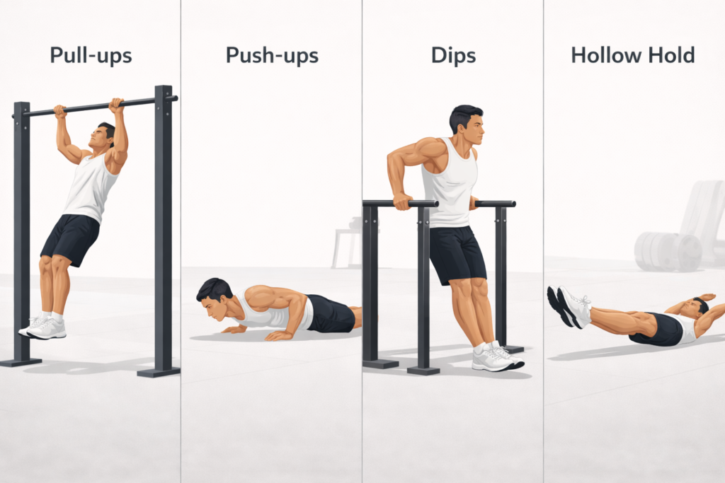 Pull-ups-push-ups-dips-hollow-hold-bodyweight-exercise