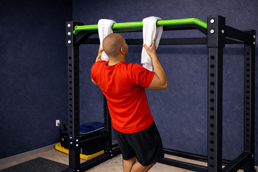 Towel-chin-ups-overhand-grip-pull-up-bar-power-rack