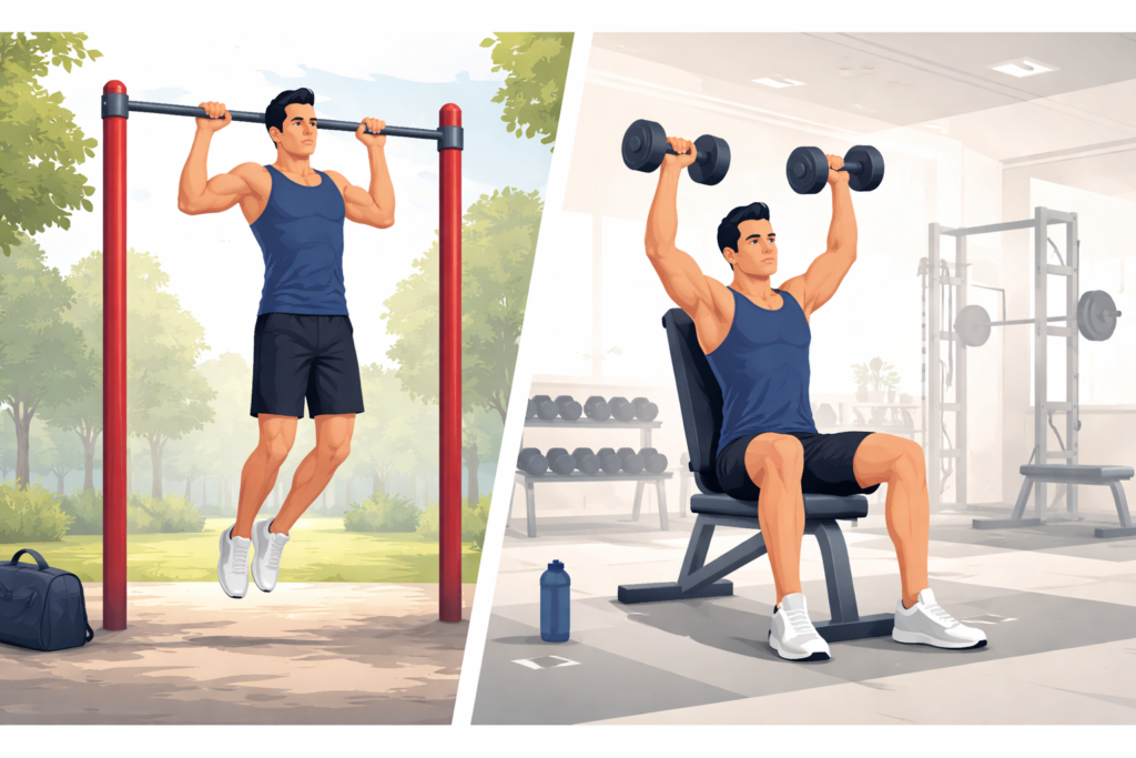 Man-doing-pull-ups-outdoors-and-dumbbell-press-in-gym-split-scene