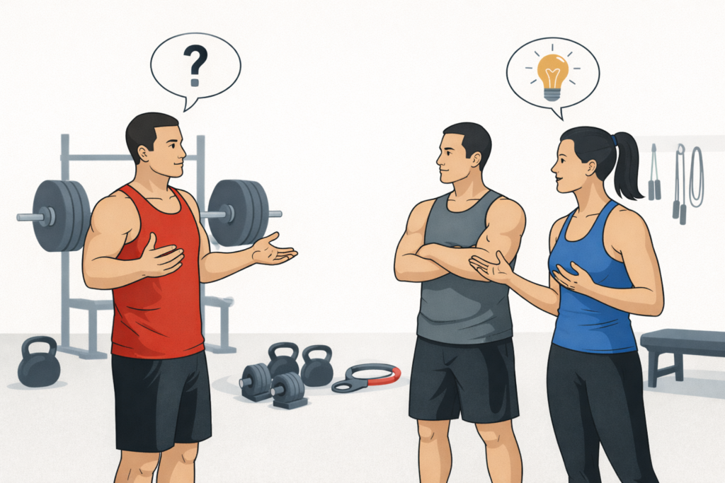 Gym-equipment-and-people-discussing-training-methods