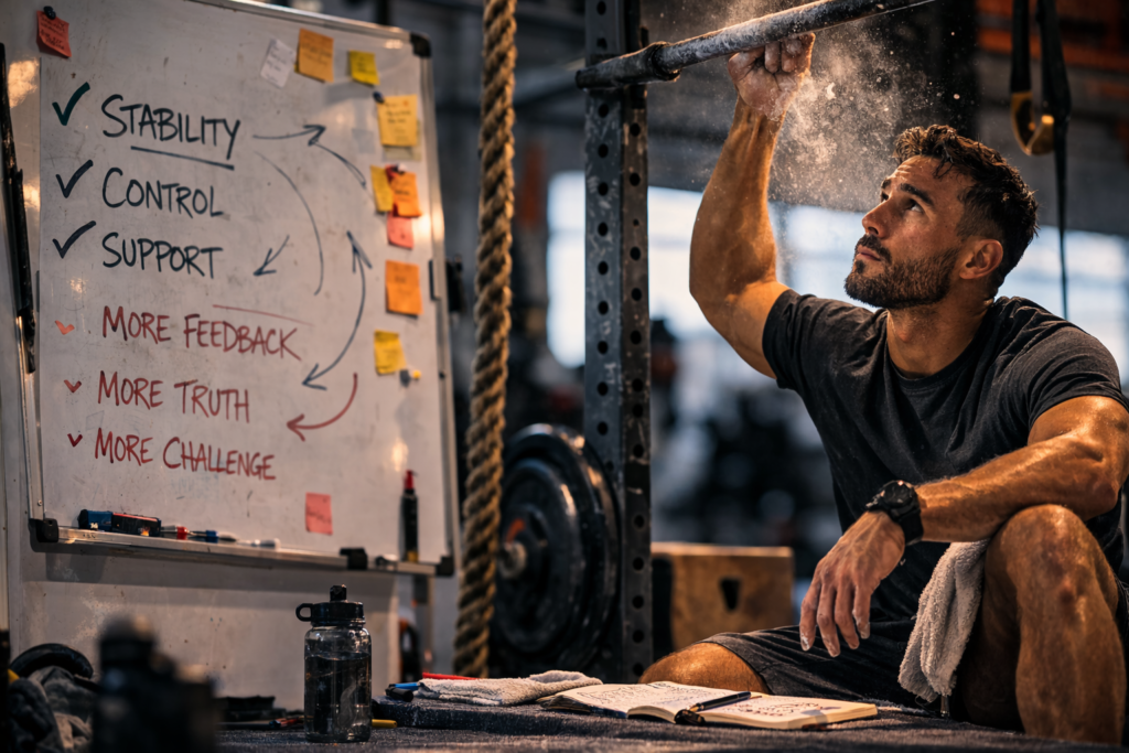 Athlete-reflecting-near-pull-up-bar-about-stability-and-control-in-gym