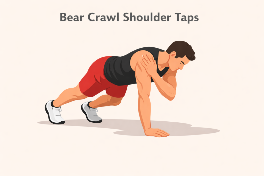 Athlete-performing-bear-crawl-shoulder-taps-with-knees-hovering-off-floor-for-shoulder-and-core-stability