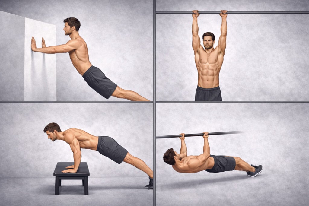 Wall-push-up-bench-push-up-hang-and-body-row-beginner-progression