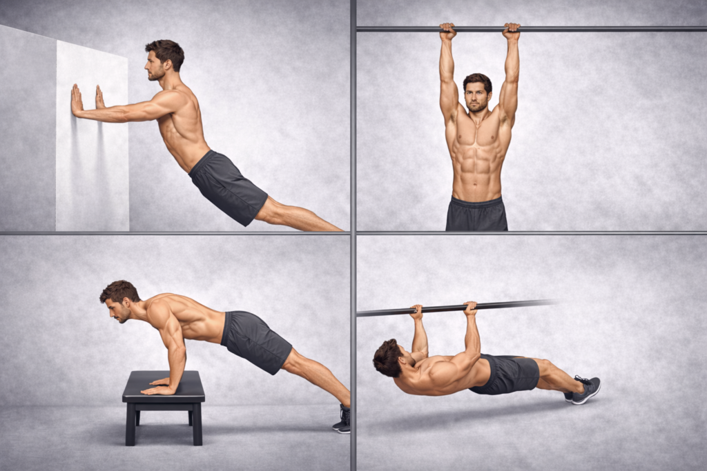 Wall-push-up-bench-push-up-hang-and-body-row-beginner-progression