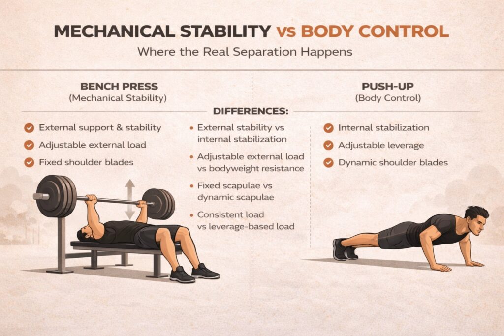 Bench-press-and-push-up-exercise-comparison-showing-mechanical-stability-and-body-control