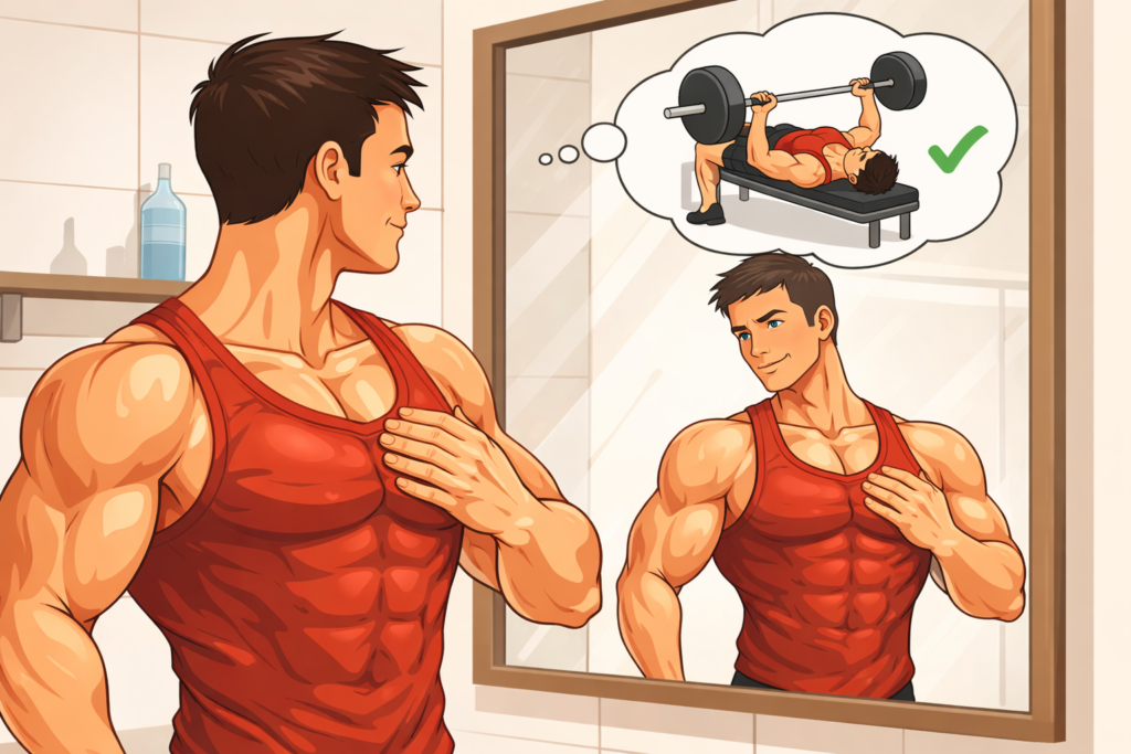 Bench-press-inner-chest-development-muscular-man-looking-mirror