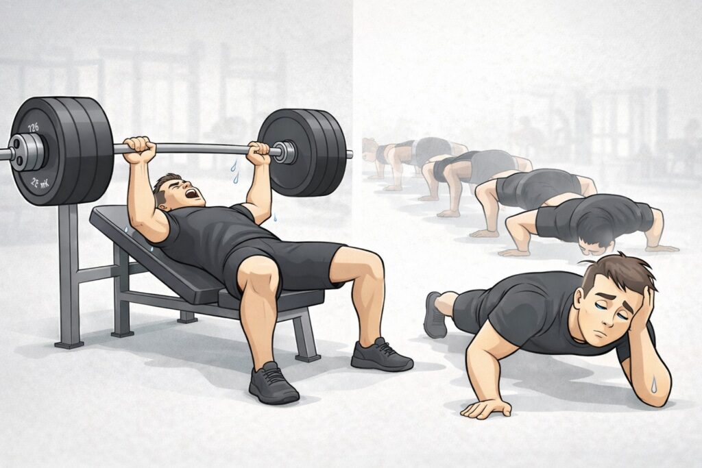 Bench-press-heavy-weight-vs-bored-push-ups-training