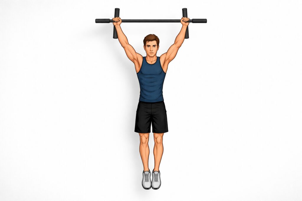 Dead-hang-pull-up-bar-back-view-full-body-extension-straight-arms