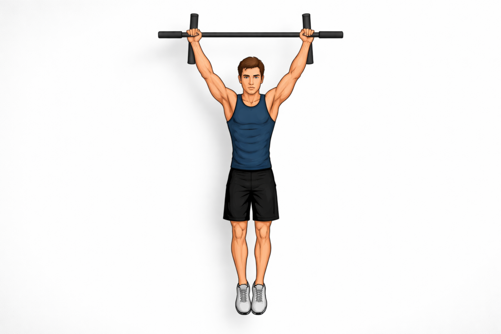 Dead-hang-pull-up-bar-back-view-full-body-extension-straight-arms