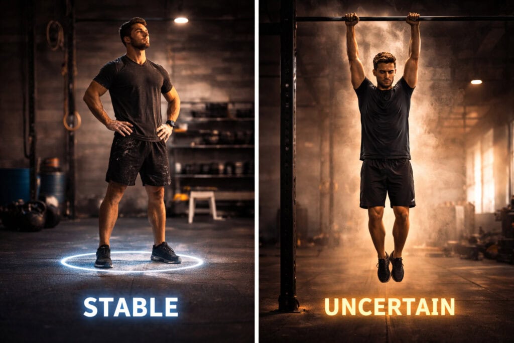 Stable-ground-stance-versus-hanging-bodyweight-control-in-gym