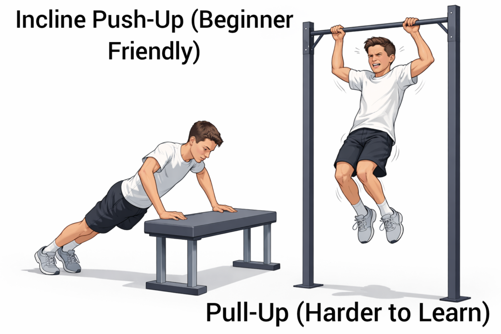 Incline-push-up-on-bench-and-struggling-pull-up-on-bar-exercise-comparison