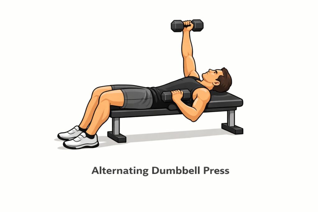 Alternating-Dumbbell-Press-On-Flat-Bench-With-One-Dumbbell-Up