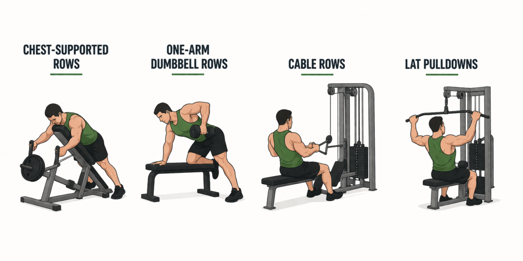 Chest-Supported-Rows-One-Arm-Dumbbell-Rows-Cable-Rows-Lat-Pulldowns-Back-Exercises