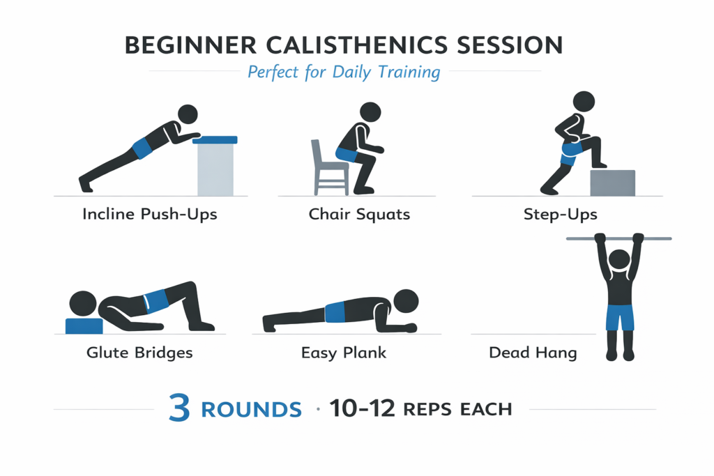 Incline-pushups-chair-squats-step-ups-glute-bridges-plank-and-dead-hang