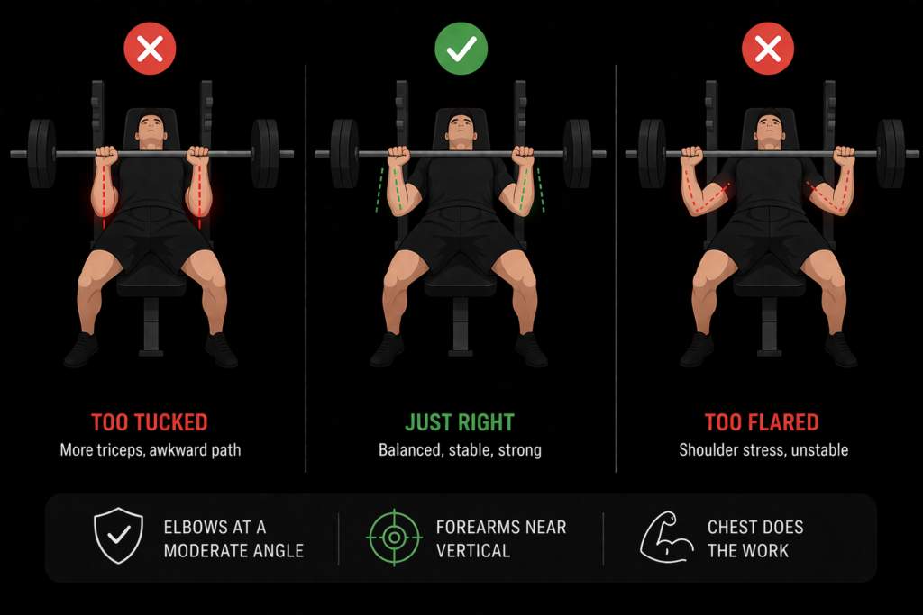 Bench-press-elbow-angle-too-tucked-vs-moderate-vs-flared