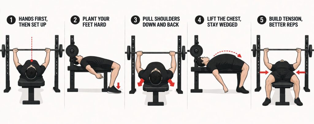 Bench-press-setup-steps-feet-planted-scapula-retraction-chest-arch-tension