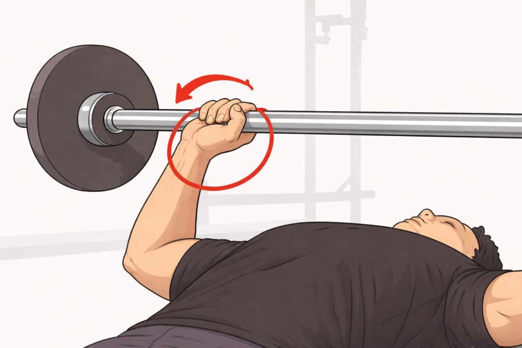 Barbell-bench-press-wrist-bent-backward-misaligned-over-forearm
