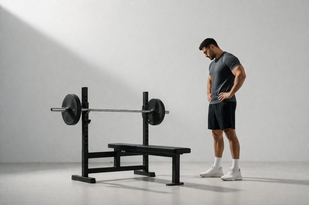 Tired-athlete-looking-at-bench-press-before-workout-showing-fatigue-from-poor-exercise-order