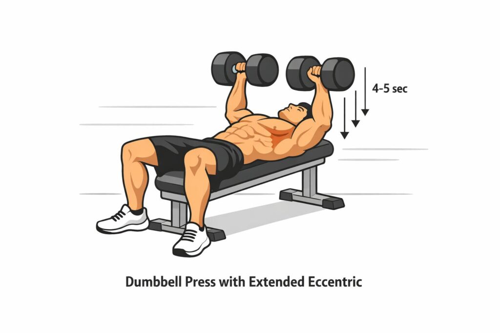 Chest-dumbbell-press-with-slow-extended-eccentric-lowering-on-flat-bench