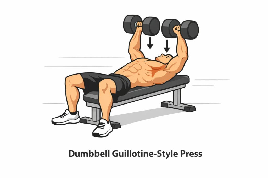 Dumbbell-guillotine-style-press-on-flat-bench-with-high-chest-lowering-path