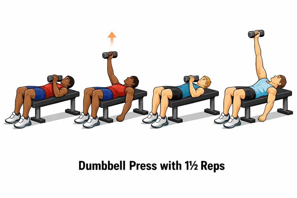 Dumbbell-Press-With-One-And-Half-Reps-On-Flat-Bench-With-Dumbbells