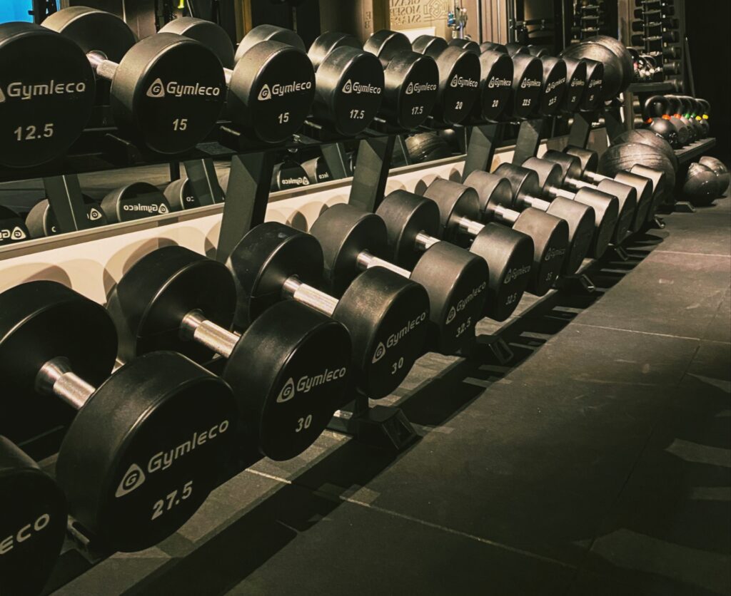 Dumbbells-organized-on-rack-in-gym-modern-fitness-equipment