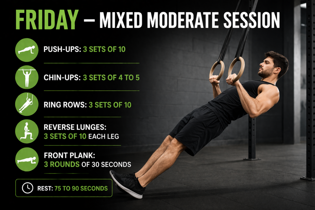 Mixed-moderate-calisthenics-workout-ring-rows-push-ups-chin-ups-reverse-lunges-plank