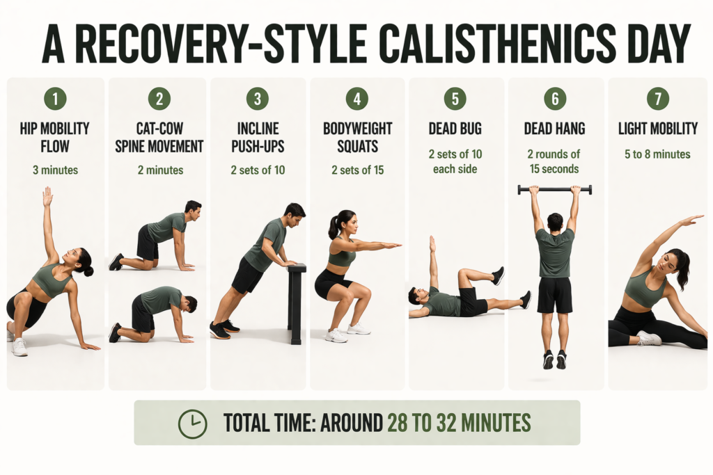 Calisthenics-recovery-workout-hip-mobility-cat-cow-incline-push-ups-bodyweight-squats-dead-bug-dead-hang