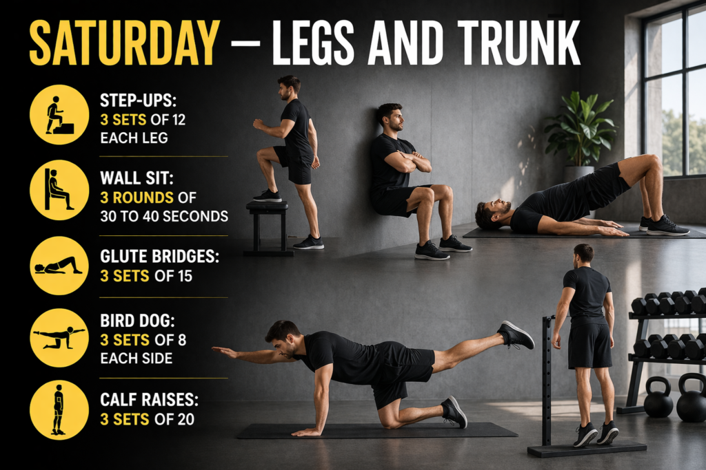 Calisthenics-legs-and-core-workout-step-ups-wall-sit-glute-bridges-bird-dog-calf-raises