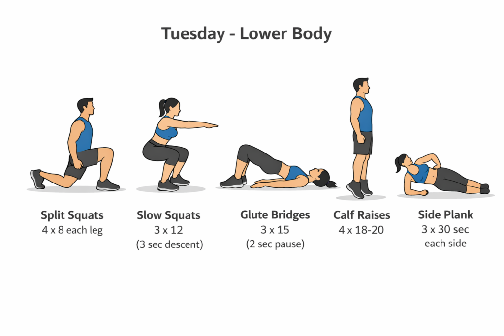Tuesday-lower-body-workout-split-squats-bodyweight-squats-glute-bridges-calf-raises-side-plank-routine