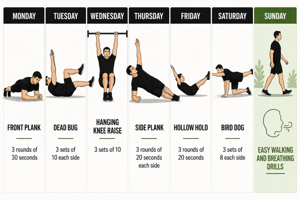Core-training-weekly-schedule-front-plank-dead-bug-hanging-knee-raise-side-plank-hollow-hold-bird-dog