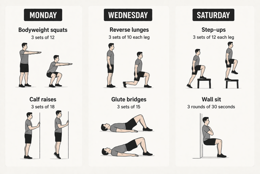 Example-of-a-simple-weekly-lower-body-calisthenics-rotation-with-bodyweight-squats-calf-raises-reverse-lunges-glute-bridges-step-ups-and-wall-sit