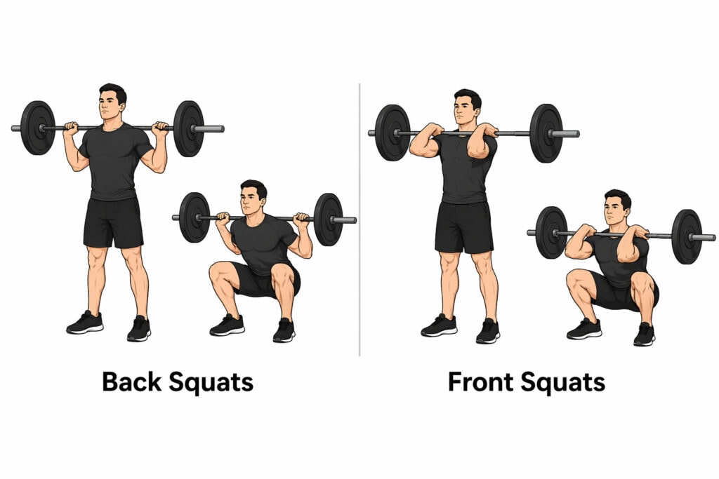Back-Squats-and-Front-Squats-barbell-squat-comparison-back-rack-and-front-rack-start-and-bottom-position-form