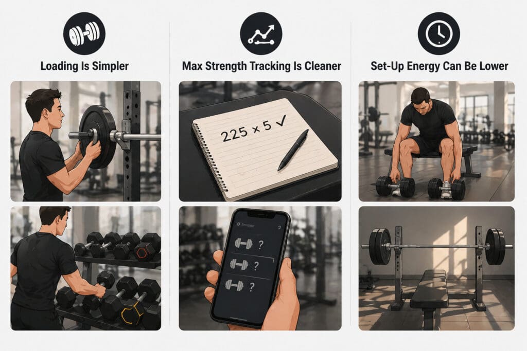 Barbell-advantages-showing-simpler-loading-cleaner-max-strength-tracking-and-lower-set-up-effort-in-the-gym